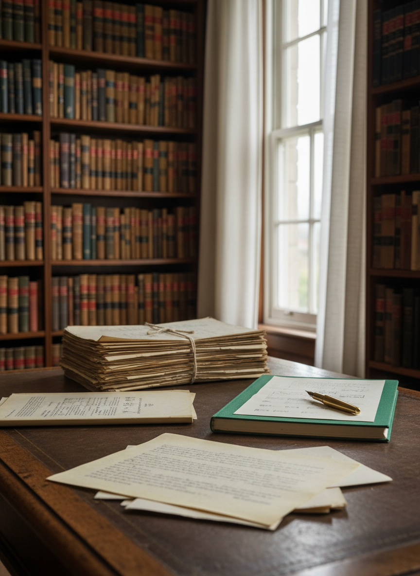 An antique wooden writing desk scarred with faint ink stains and burnished edges, its surface spread with a meticulously organized stack of archival documents, a cloth-bound notebook, and a brass fountain pen resting diagonally across a page of precise handwritten notes. The desk sits beside a tall sash window in a quiet study lined with floor-to-ceiling bookshelves heavy with worn history and law volumes. Overcast daylight filters through thin curtains, creating soft, even illumination and gentle shadows across the paper textures. Shot at eye level with a slight three-quarter angle and shallow depth of field, the foreground paper is crisp while the books blur into a contemplative backdrop. The photographic realism and muted, scholarly palette create a professional, reflective mood suited to serious nonfiction research.